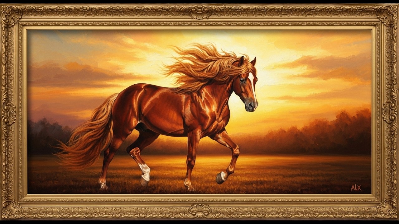 Frame TV Art: Majestic Chestnut Horse Galloping at Golden Sunset | 4K Ambient Art