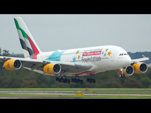 AIRBUS A380 LANDING + DEPARTURE - New Emirates A380 special livery (4K)