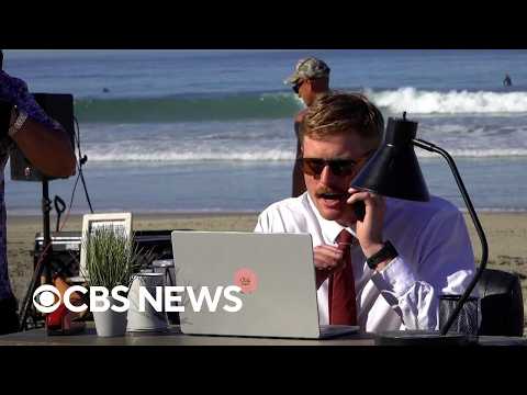 Man embraces remote work by setting up offices at the beach, baseball game