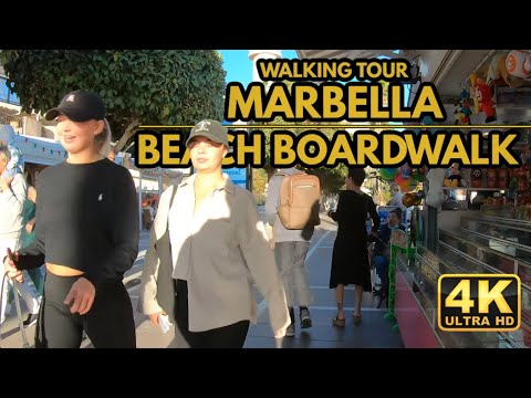 Spain Malaga- Beach Boardwalk - Marbella Center - Beachside Walking Tour March 2022[4K60FPS]