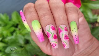 Summer fruit nails. Watermelon ombre nails with gel polish.