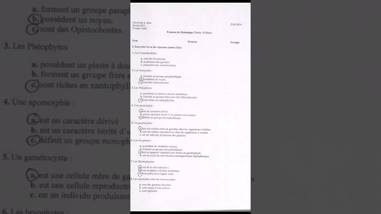 Examens Corrigés Botanique L2 Lien de téléchargement PDF dans les commentaires