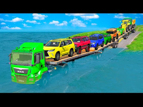 Triple Flatbed Trailer McQueen Transportation with Truck - Speedbumps vs Cars vs Train - BeamNG #33