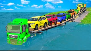 Download lagu Triple Flatbed Trailer McQueen Transportation with Truck - Speedbumps vs Cars vs Train - BeamNG #33 mp3