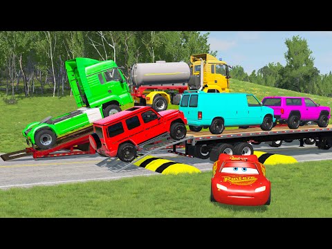 Double Flatbed Trailer Truck cars vs rails tractor vs train cars vs bollards Beamng Drive #21