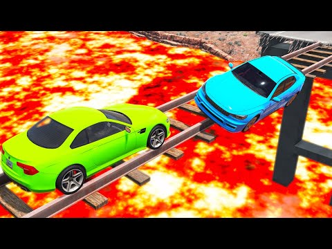 Cars vs Train Tracks Bridge Over Lava River - BeamNG.Drive