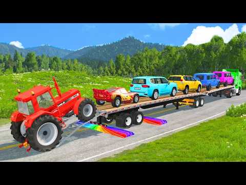 Flatbed Truck McQueen | Transportation with Truck - Pothole vs Car #77 | BeamNG.Drive Gameplay