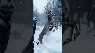 Download lagu Seekor rusa berdiri terpaku di dalam lapisan es tebal di hutan bersalju. Seorang manusia dengan hati-hati memecahkan es tersebut. mp3