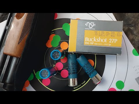 Noble Sports No. 4 Buckshot Load in 2.75" 12ga. with 3-shot group and shell breakdown.