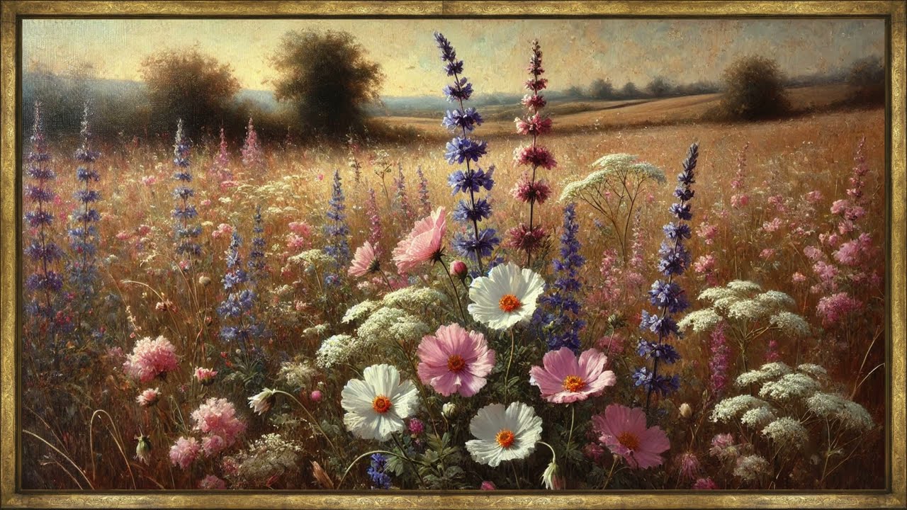 Enchanting Wildflower Meadow | Vintage Oil Painting TV Screensaver | Gold Wood Frame TV Art | 2 Hrs