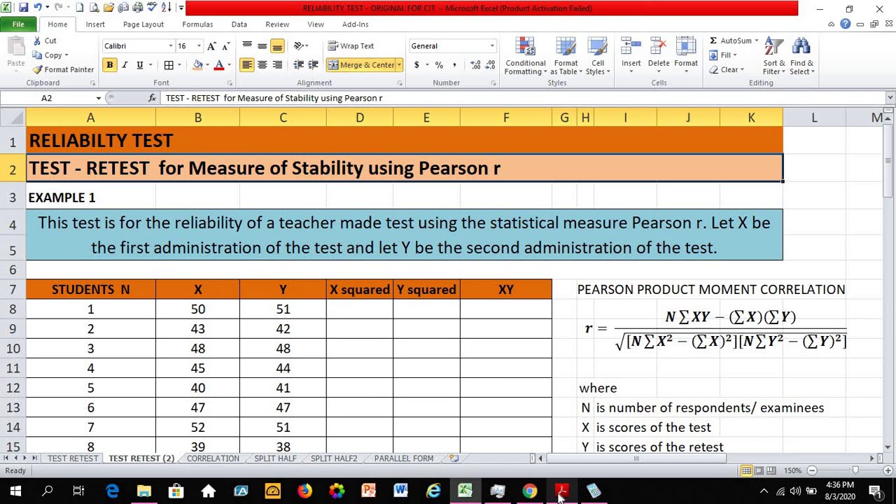 TEST-RETEST Reliability Test SAMPLE 3 Using Pearson r  // Measure of Stability