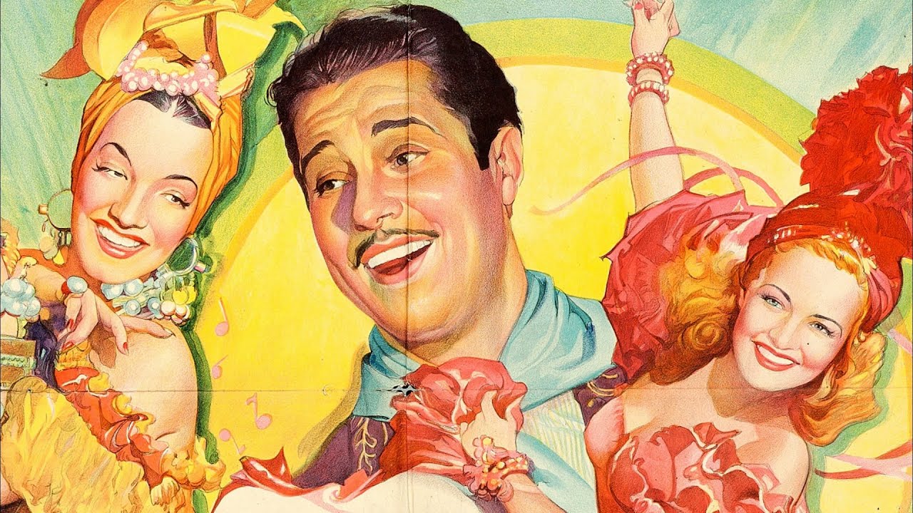 Vintage colorful poster illustration for the 1940 film 'Serenata Tropical (Down Argentine Way)' featuring characters in vibrant Latin American costumes.