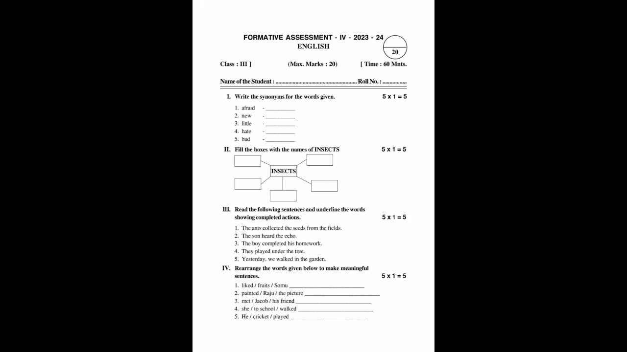 3rd class FA4 English question paper 2023-2024