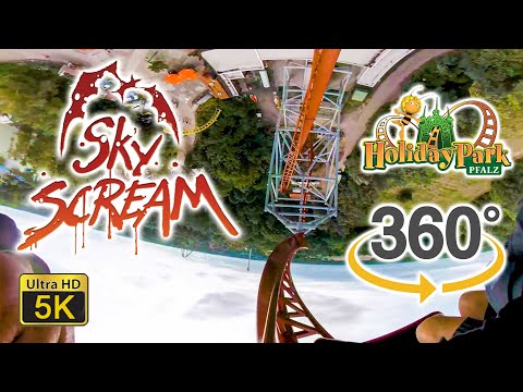 VR 360 Ultra HD 5K Sky Scream Roller Coaster On Ride Front Row POV with Queue Holiday Park, Germany