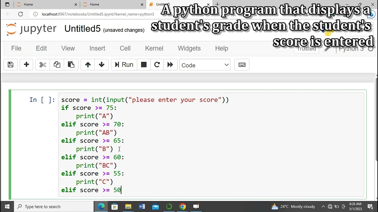 A python program that displays student's grade when the student's score is entered