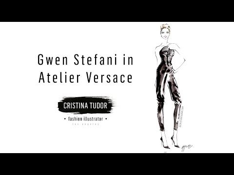 Live Watercolor Fashion Illustration Painting of Gwen Stefani in Atelier Versace Black Jumpsuit