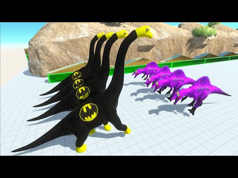 4x BATMAN BRACHIOSAURUS vs 4x THANOS SPINOSAURUS DEATH RUN - Animal Revolt Battle Simulator