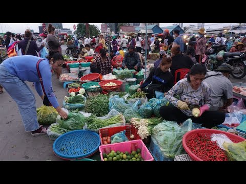 Early Morning Street Market in Chhbar Ampov - Activities of Khmer Vendors Selling Vegetables & More