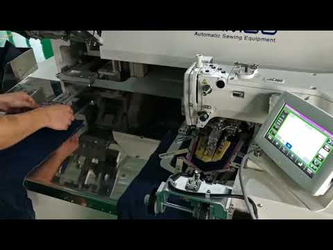 Sewing machine for hemming and stitching jeans pocket based on Brother BAS video