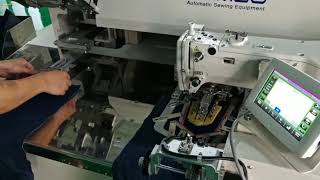 Sewing machine for hemming and stitching jeans pocket based on Brother BAS video