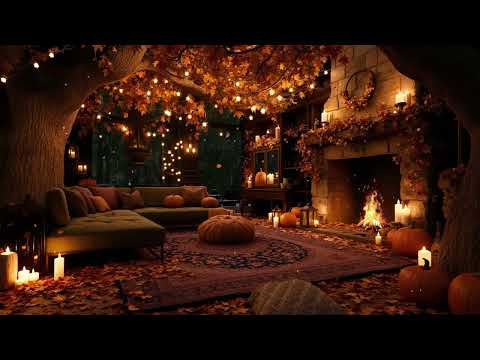 Pumpkin Autumn Glow 🍂 Rainy Evening Porch, Jazz & Fire Sounds for Sleep & Tranquility