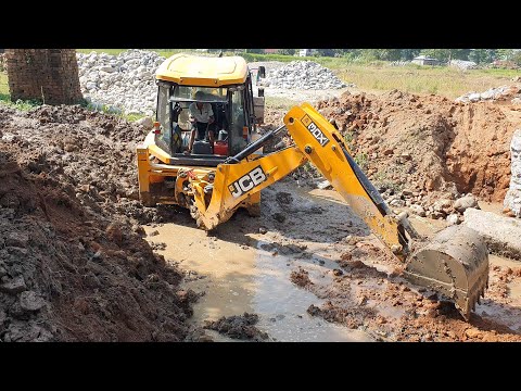 JCB Backhoe Loader Digging to Destroy and Throw out old Culvert Bridge - JCB 3DX ECO Video