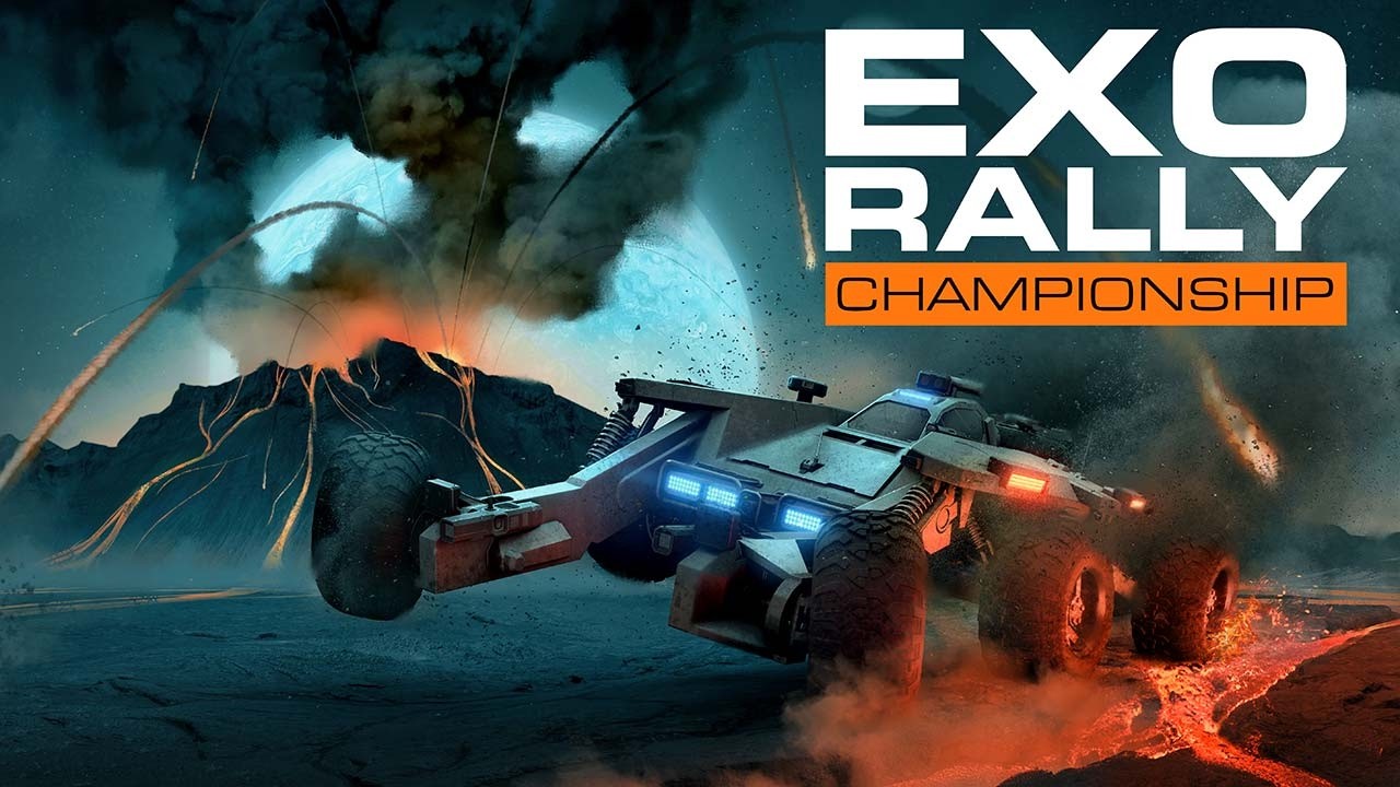 Rally rover jumping across alien terrain in procedural off-road racing gameplay