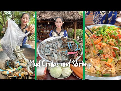Mommy Chef Sros Cook Mud Crab and Shrimp with Glass Noodle So Delicious | Cooking with Sros