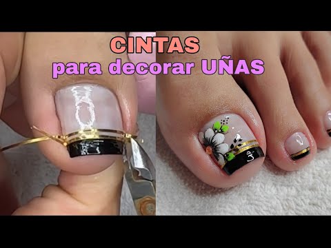 Uñas decoradas con CINTAS DECORATIVAS /Francés + FLOR BLANCA🌸
