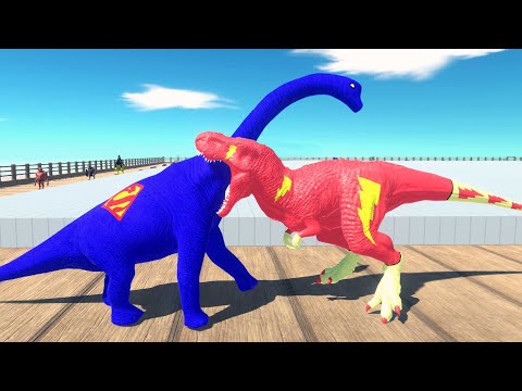SHAZAM T-REX vs SUPERMAN BRACHIOSAURUS DEATH RUN - Animal Revolt Battle Simulator