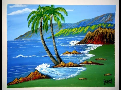 A Beautiful Beach Painting With Mountain View||Mountain painting with poster colours Video