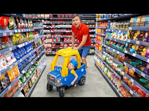 Five Kids Alex and Dad try to find ingredients for pasta in supermarket