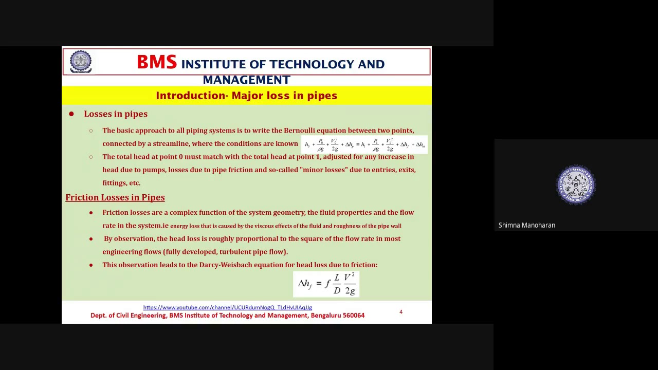 BMSIT CIVIL FM Lab Concept Major Losses in Pipes