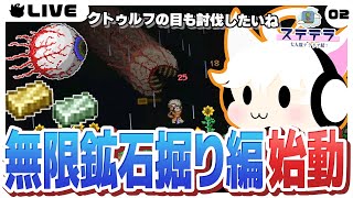 【Terraria/2日目】無限鉱石掘りしてクトゥルフの目と脳討伐しよう！【ステテラ】