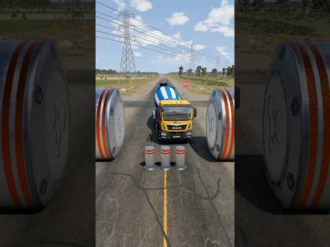 Mix Colour Buses & Cement Truck vs Bollards crash #shorts #beamngdrive #bus