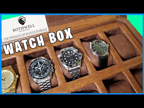 ROTHWELL 12 Slot Leather Watch Box with Valet Drawer - Luxury Watch and Jewelry Case Display Organizer, Microsuede liner, Mens Locking Storage Holder Large Glass Top (Black/Grey) video review thumbnail