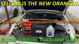 We change the OLD ORANGE ford coolant out for the NEW YELLOW ford coolant in our Coyote Mustang