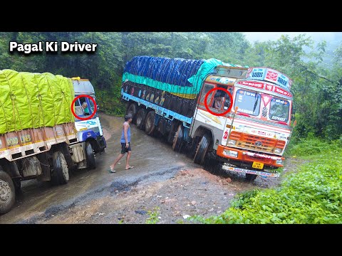 Challenge To Drive : Heavy Rain Made The Truck Struggle To Turn | Lorry Videos | Trucks In Mud