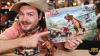 YouTube thumbnail: LEGO Jurassic World Carnotaurus Dinosaur Chase Review! New September Set 76941!
