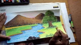How to Draw a Landscape with Mountains & River in Pastel Color