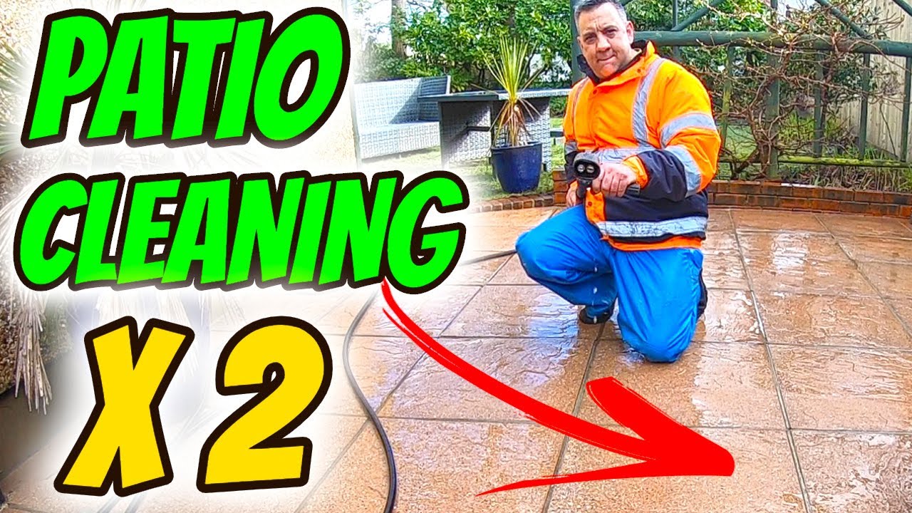 Patio cleaner with sodium hypochlorite and hot power washing