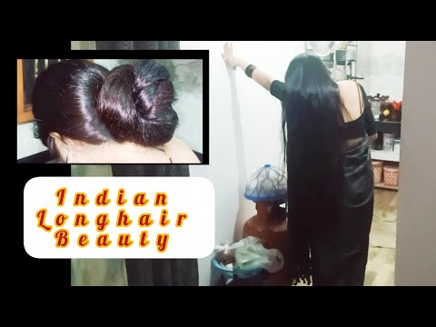 Long hair beauty in kitchen hair play 