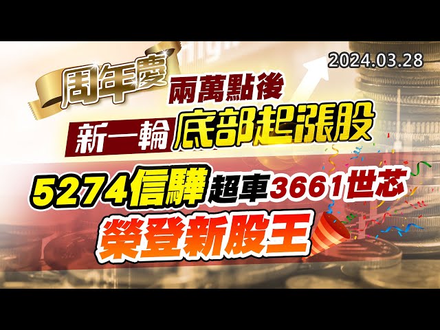 20240328《股市最錢線》#高閔漳 “周年慶：兩萬點後，新一輪底部起漲股”” 5274信驊超車3661世芯，榮登新股王”