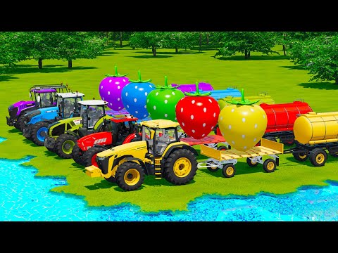 JOHN DERRE vs CLAAS vs FENDT vs JCB TRACTORS BATTLE WITH GIANT STRAWBERRYS & WATER TANKS - FS22
