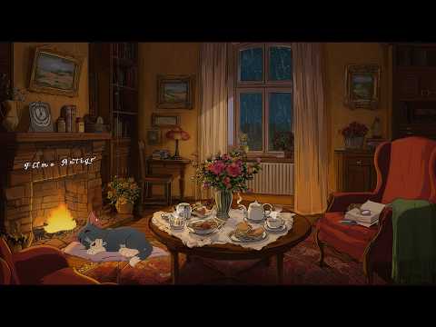 It's Rainy Cozy Night In 1940's With Soft Oldies Playing In Cozy Room (Fireplace & Rain Sounds)