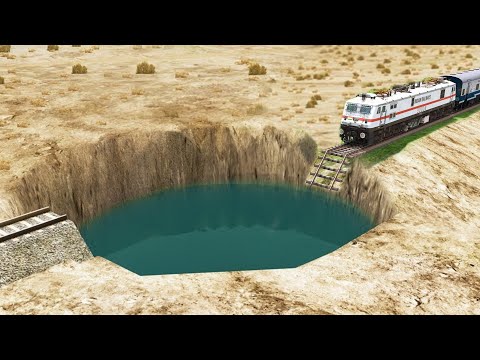 Trains vs Giant Pit Water Pothole | BeamNG.Drive | Train Simulator