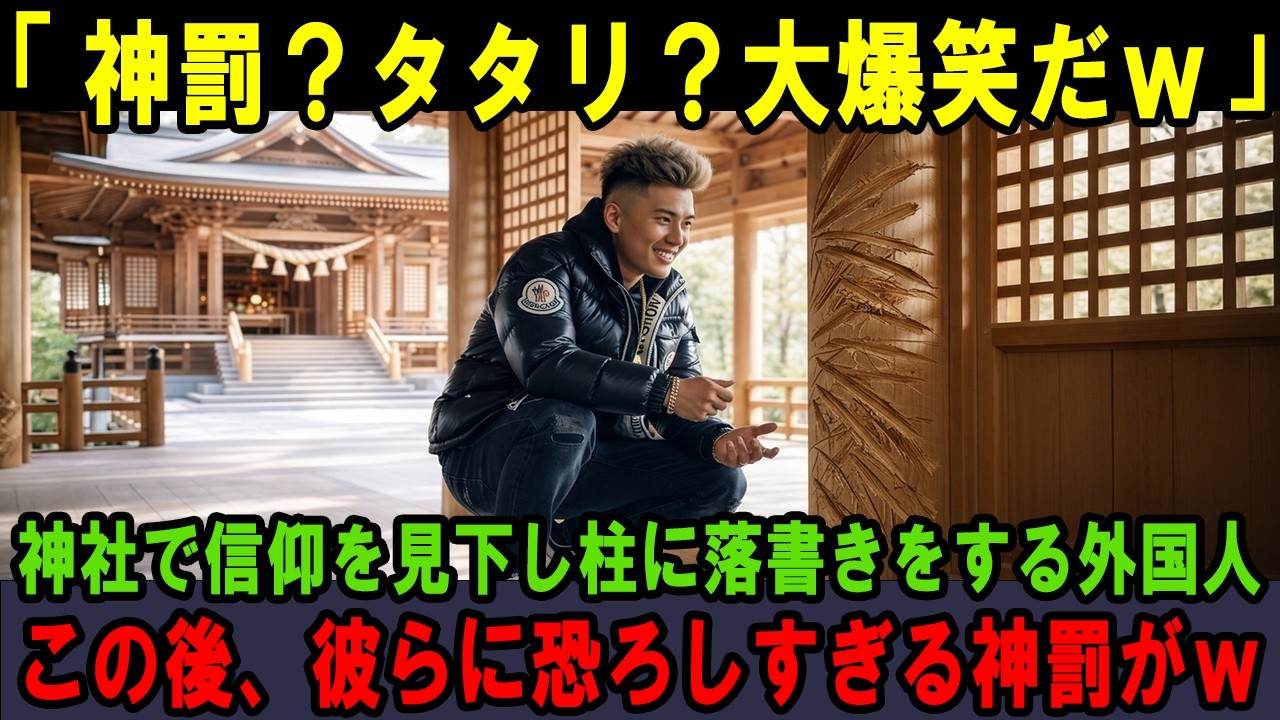 【海外の反応】「日本の神様は臆病者だなw」神社で信仰を見下し柱に落書きをする外国人！この後、彼らに恐ろしすぎる神罰がw
