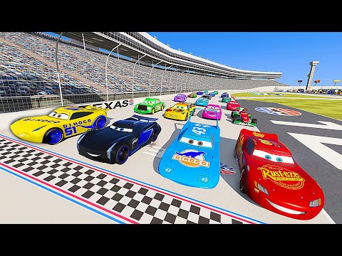 Race Disney Cars Speedway Texas - McQueen vs Friends The King Jackson Storm Cruz Ramirez Chick Hicks