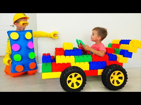 Vlad and Nikita Ride on Toy Sports Car & play with colored toy blocks