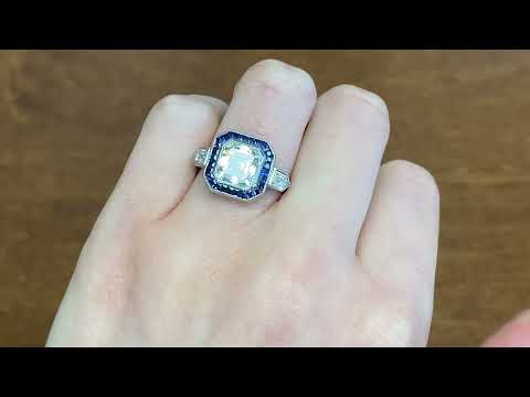 3.26ct Center Asscher Cut and Ceylon Sapphire Halo Engagement Ring - Crawford Ring - Hand Video